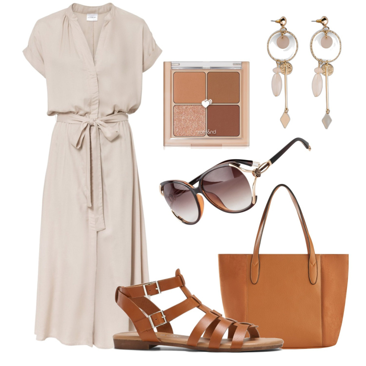 Outfit donna - Sabbia e marrone. Stile Glamour per Tutti i giorni. Abbinamento con vestiti chemisier, orecchini, occhiali da sole, sandali, shopping bag, ombretti.