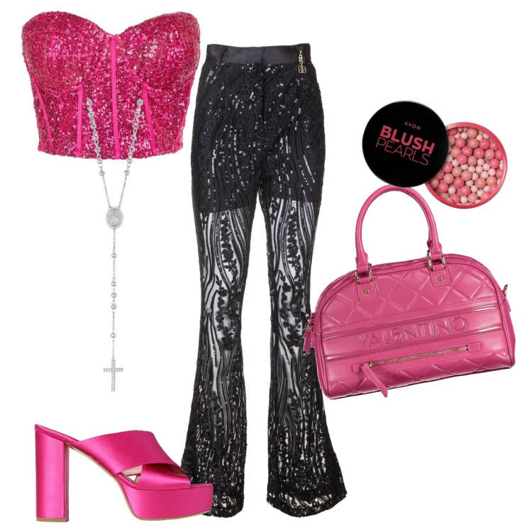 Outfit donna - Comoda in pista. Stile Rock per Serata fuori. Abbinamento con blush, collane, pantaloni a palazzo, top, collane, sandali in pelle.