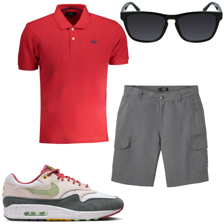 Outfit uomo - In città. Stile Urban per Tutti i giorni. Abbinamento con bermuda, occhiali da sole, polo, sneakers.