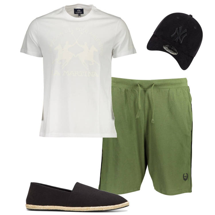 Outfit uomo - In vacanza. Stile Casual per Mare. Abbinamento con espadrillas, cappelli con visiera, t-shirt, pantaloni.