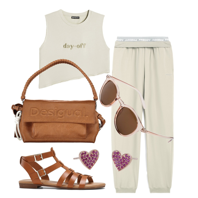 Outfit donna - Ghost outfitter - luglio. Stile Sporty chic per Tutti i giorni. Abbinamento con occhiali da sole, sandali, orecchini, pantaloni, t-shirt, borse a spalla.