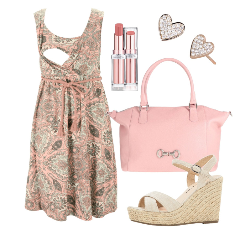 Outfit donna - Ghost outfitter - luglio. Stile Romantica per Tutti i giorni. Abbinamento con sandali, vestiti, borse a mano, rossetti, orecchini.