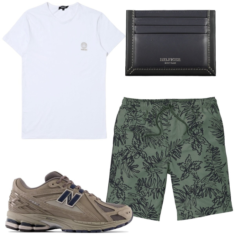 Outfit uomo - Total look #1927741. Stile Trendy per Tutti i giorni. Abbinamento con pantaloni corti, sneakers, t-shirt, portafogli.