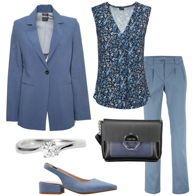 Outfit donna - Meeting in estate. Stile Bon Ton per Ufficio. Abbinamento con top, décolleté, pantaloni chino, anelli, blazer, borse a tracolla.