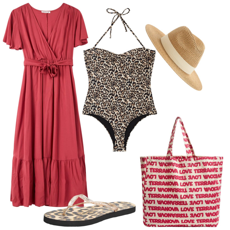 Outfit donna - Trend di stagione in spiaggia. Stile Basic per Mare. Abbinamento con costumi interi, cappelli, vestiti lunghi, borse tote, infradito.
