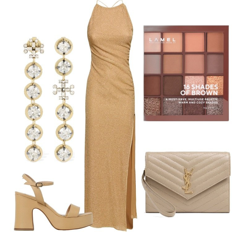 Outfit donna - Sahara. Stile Chic per Serata fuori. Abbinamento con ombretti, vestiti lunghi, pochette, orecchini, sandali col tacco.