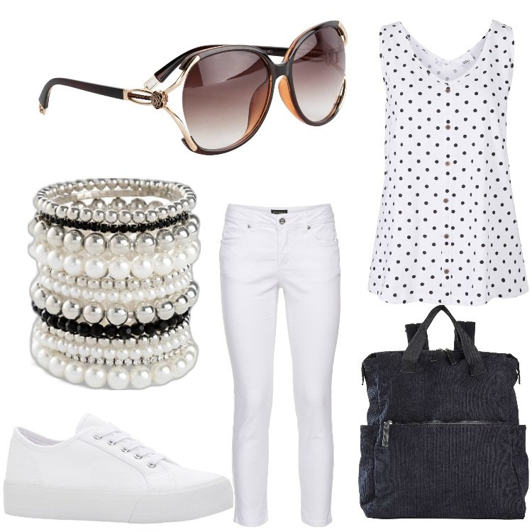 Outfit donna - Un giorno a pois. Stile Basic per Tutti i giorni. Abbinamento con braccialetti, zaini, sneakers, occhiali da sole, top, pantaloni.