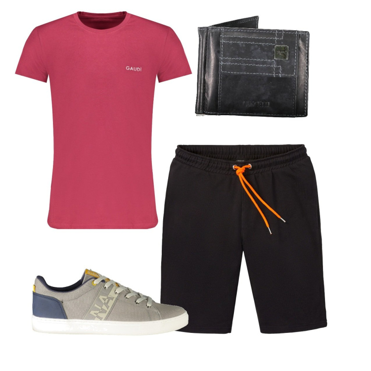 Outfit uomo - Total look. Stile Casual per Tutti i giorni. Abbinamento con bermuda, portafogli, sneakers, t-shirt.