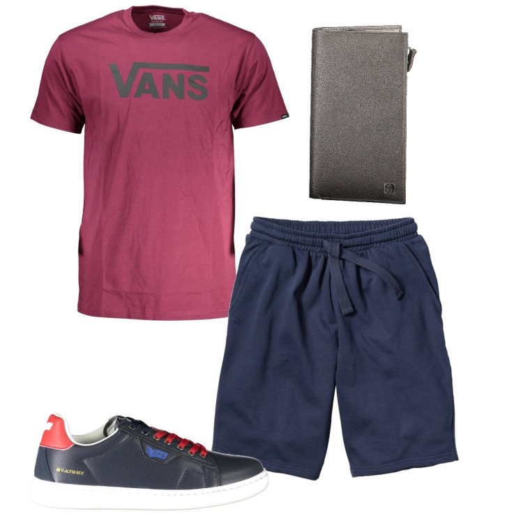 Outfit uomo - Total look. Stile Casual per Tutti i giorni. Abbinamento con bermuda, t-shirt, sneakers, portafogli.