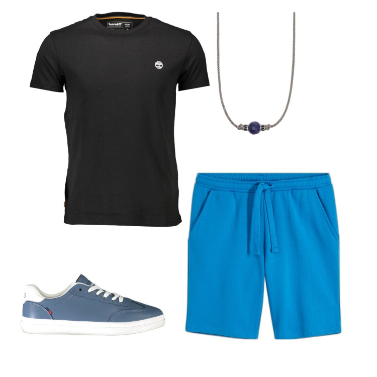 Outfit uomo - Total look. Stile Casual per Tutti i giorni. Abbinamento con bermuda, collane, t-shirt, sneakers.