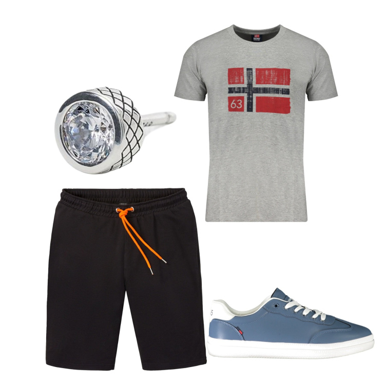 Outfit uomo - Casual. Stile Casual per Tutti i giorni. Abbinamento con bermuda, orecchini, sneakers, t-shirt.