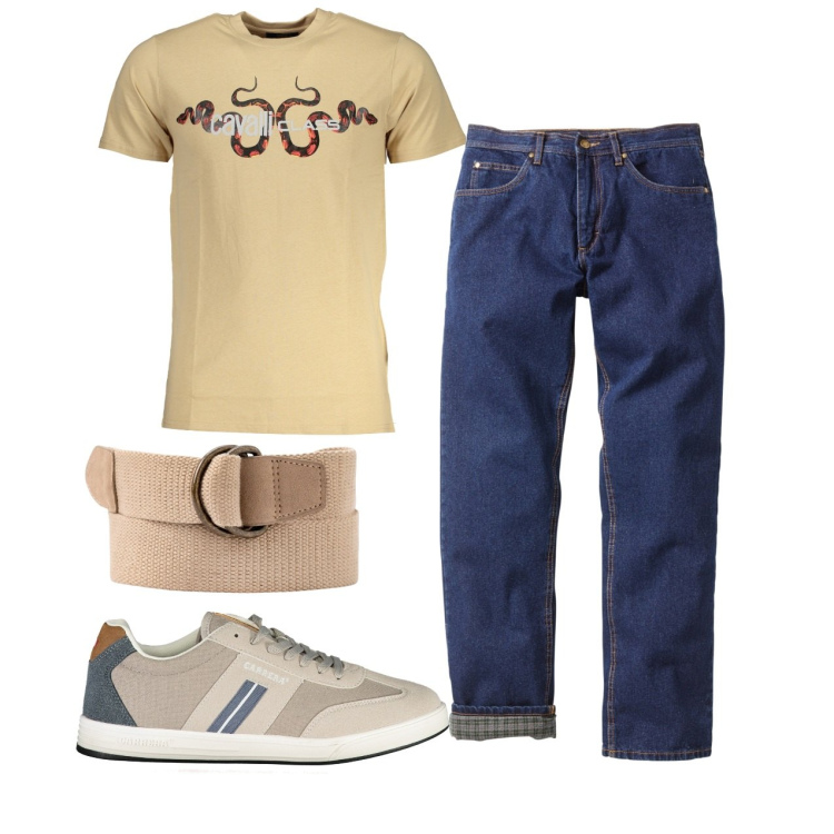 Outfit uomo - Total look. Stile Casual per Tutti i giorni. Abbinamento con jeans dritti, cinture, sneakers, t-shirt.