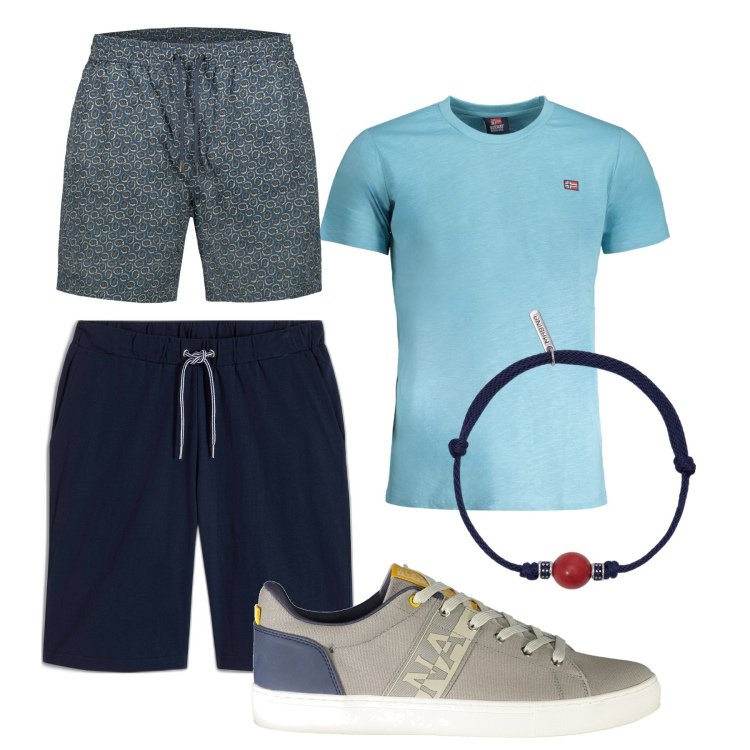 Outfit uomo - Passaggio in barca. Stile Casual per Mare. Abbinamento con bermuda, braccialetti, sneakers, t-shirt, costumi.