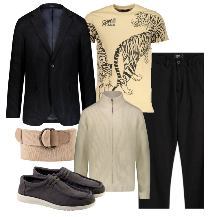 Outfit uomo - Tigre di città. Stile Urban per Serata speciale. Abbinamento con pantaloni chino, giacche, cardigans, t-shirt, scarpe stringate, cinture.