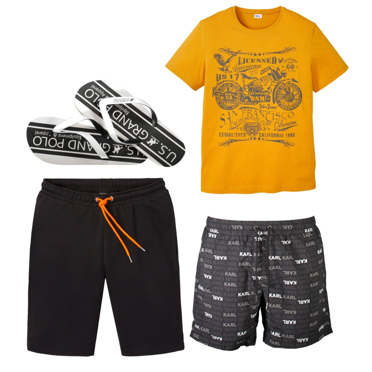 Outfit uomo - Mare. Stile Casual per Mare. Abbinamento con bermuda, t-shirt, sandali, costumi.