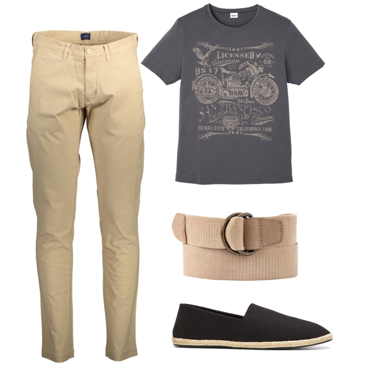 Outfit uomo - Polvere. Stile Casual per Tutti i giorni. Abbinamento con espadrillas, t-shirt, cinture, pantaloni.