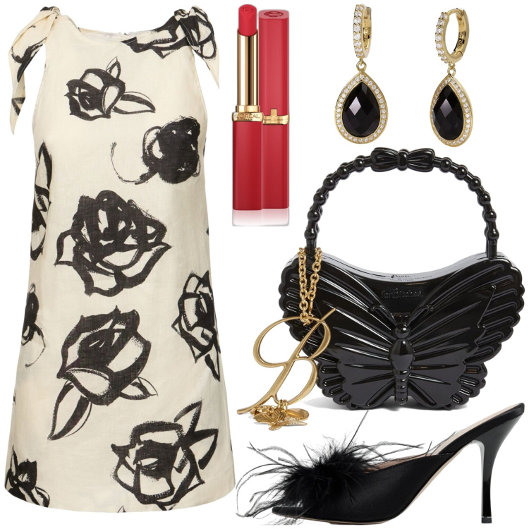 Outfit donna - Cerimonia a Ravello. Stile Chic per Cerimonia. Abbinamento con rossetti, orecchini, vestiti, borse a mano, sandali col tacco.