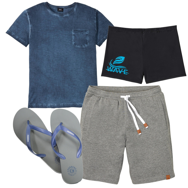 Outfit uomo - Mare. Stile Casual per Tutti i giorni. Abbinamento con costumi, bermuda, t-shirt, sandali.
