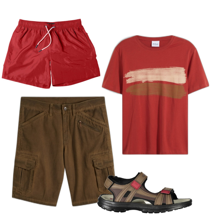 Outfit uomo - Rosso e cacao. Stile Casual per Mare. Abbinamento con t-shirt, bermuda, sandali, costumi.