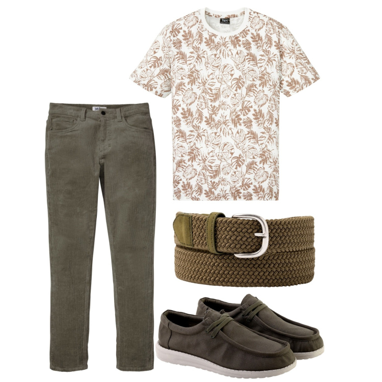 Outfit uomo - Muschio. Stile Casual per Tutti i giorni. Abbinamento con pantaloni, t-shirt, scarpe stringate, cinture.