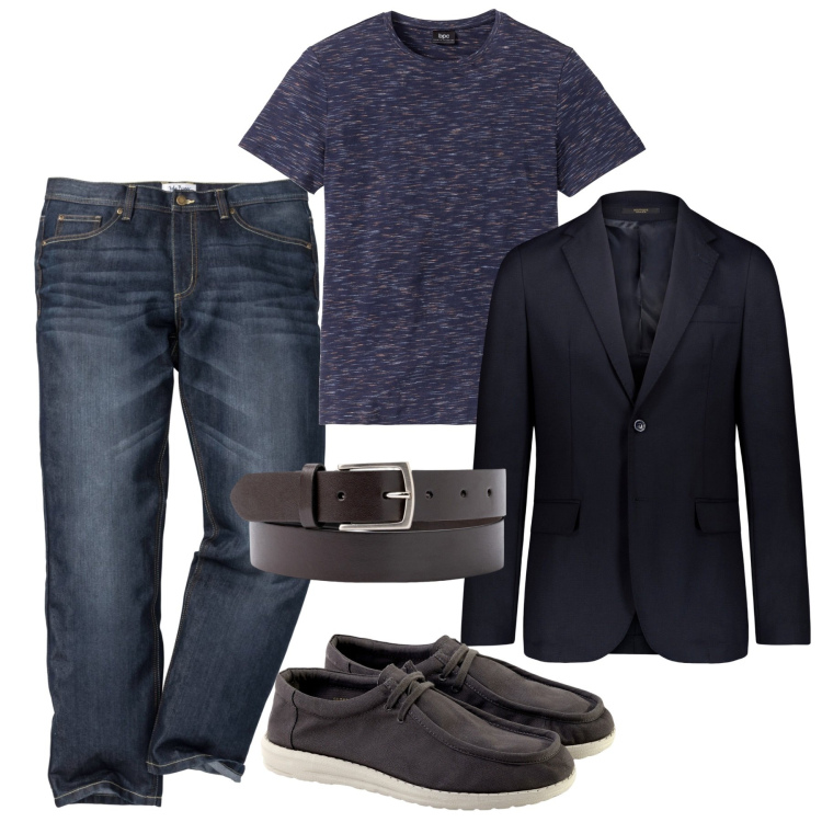 Outfit uomo - Passione blu. Stile Casual per Serata speciale. Abbinamento con jeans dritti, t-shirt, giacche, scarpe stringate, cinture.