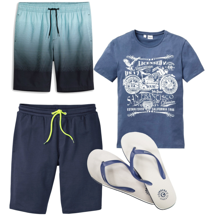 Outfit uomo - Blu mare. Stile Casual per Tutti i giorni. Abbinamento con bermuda, t-shirt, costumi, sandali.