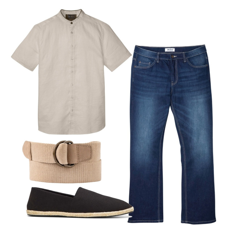 Outfit uomo - Total look. Stile Casual per Tutti i giorni. Abbinamento con espadrillas, jeans bootcut, camicie a manica corta, cinture.