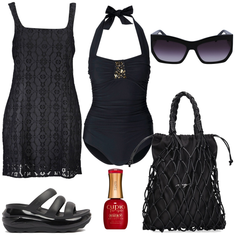 Outfit donna - In piscina a Livigno. Stile Trendy per Mare. Abbinamento con costumi interi, smalti, vestiti corti, ciabatte, shopping bag, occhiali da sole.