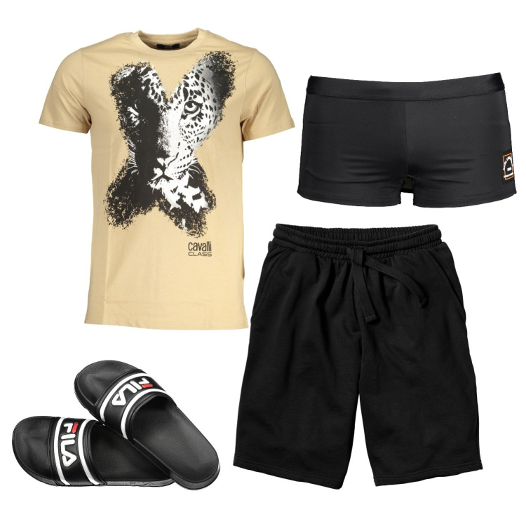 Outfit uomo - Si va in spiaggia. Stile Urban per Mare. Abbinamento con bermuda, t-shirt, sandali, costumi.