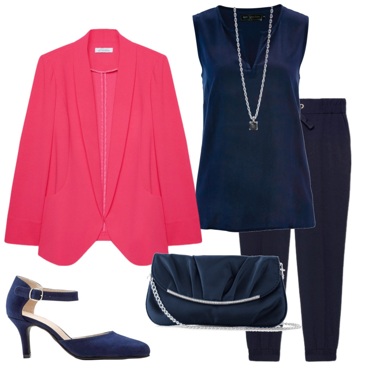 Outfit donna - Cerimonia d\'estate. Stile Chic per Cerimonia. Abbinamento con décolleté, pochette, top, collane, pantaloni, blazer.