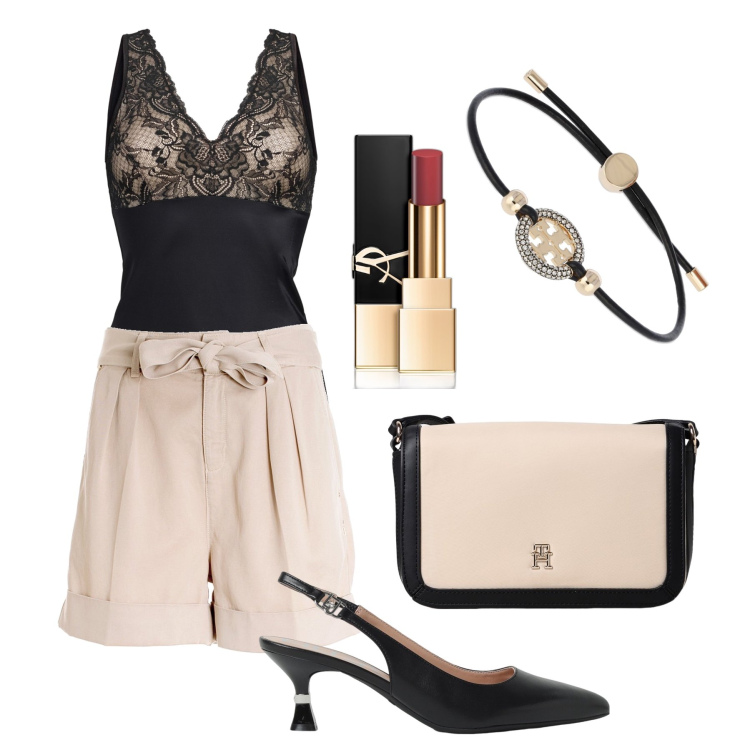 Outfit donna - I pantaloncini sabbia per la sera. Stile Glamour per Serata fuori. Abbinamento con top, rossetti, pantaloni corti, borse a tracolla, scarpe col tacco, braccialetti.