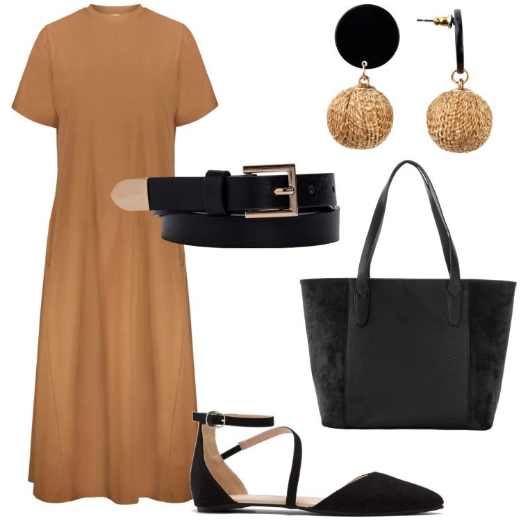 Outfit donna - Total look #1928012. Stile Minimal per Tutti i giorni. Abbinamento con shopping bag, orecchini, ballerine, vestiti midi/longuette, cinture.