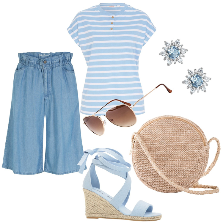 Outfit donna - Per tutti i giorni. Stile Casual per Tutti i giorni. Abbinamento con borse a tracolla, occhiali da sole, bermuda, t-shirt, sandali, orecchini.