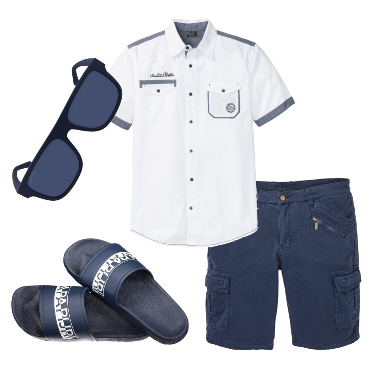 Outfit uomo - Total look #1928053. Stile Casual per Mare. Abbinamento con camicie a manica corta, bermuda, occhiali da sole, sandali.