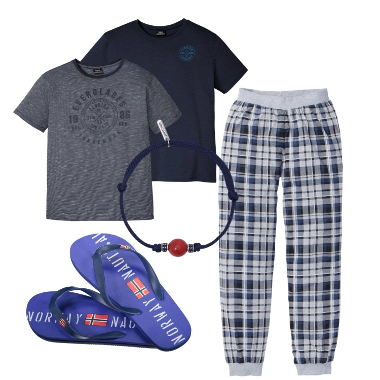 Outfit uomo - Pomeriggio a casa. Stile Casual per Tutti i giorni. Abbinamento con t-shirt, pantaloni, braccialetti, sandali.