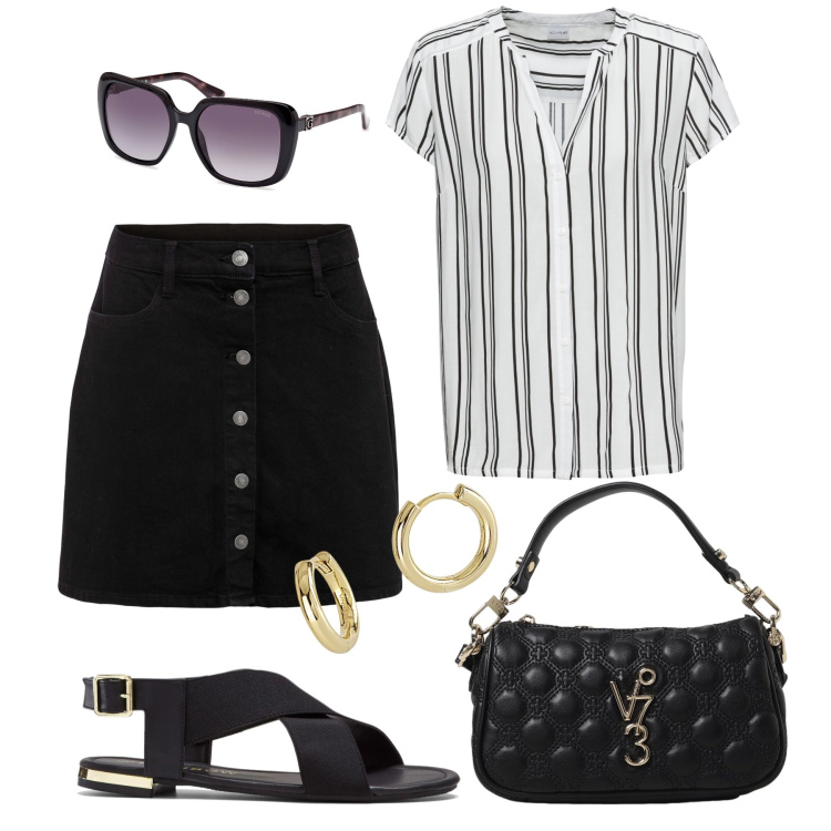 Outfit donna - La minigonna in jeans. Stile Glamour per Tutti i giorni. Abbinamento con gonne, camicie a manica corta, sandali, orecchini, occhiali da sole, borse a mano.