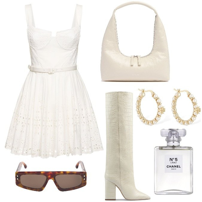 Outfit donna - Total look #1928134. Stile Chic per Serata fuori. Abbinamento con profumi, stivali, vestiti, borse a spalla, orecchini, occhiali da sole.
