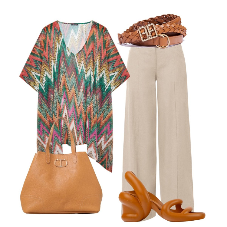 Outfit donna - Pantalone sabbia e poncho colorato. Stile Trendy per Tutti i giorni. Abbinamento con pantaloni a palazzo, cinture, sandali col tacco, caftani, borse a spalla.