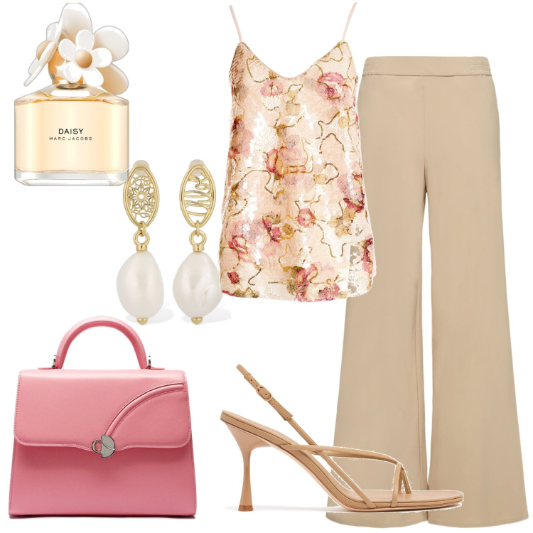 Outfit donna - Perle e pailettes. Stile Glamour per Cerimonia. Abbinamento con profumi, top, pantaloni, orecchini, sandali in pelle, borse a mano.