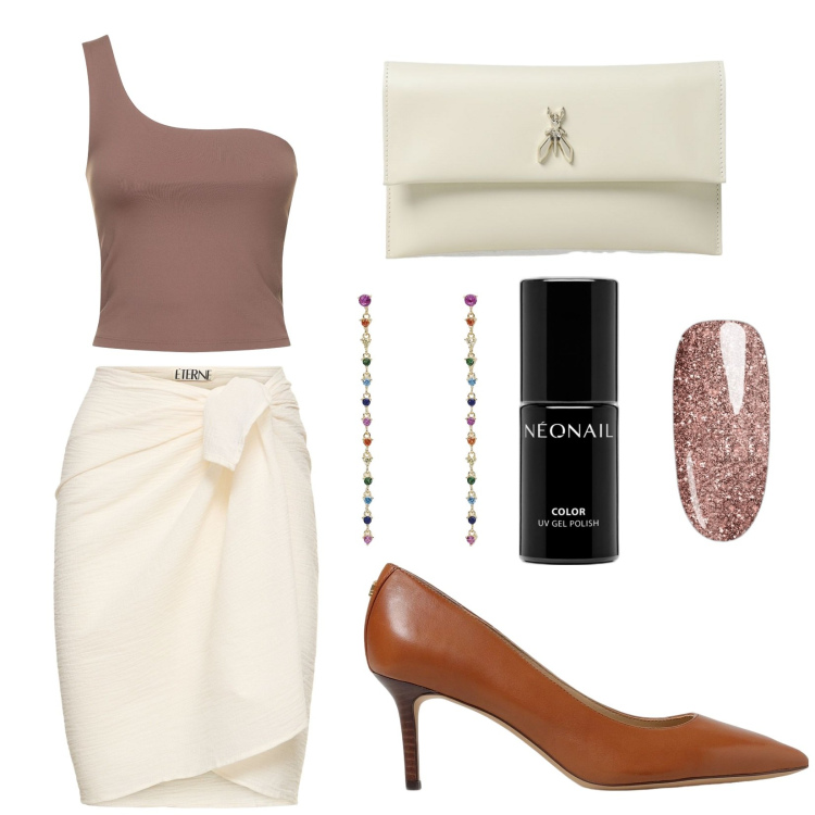 Outfit donna - Serata romantica chic. Stile Chic per Serata fuori. Abbinamento con smalti, orecchini, minigonne, canottiere, décolleté, clutch.