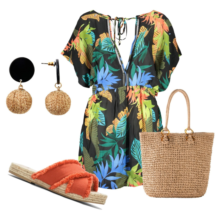 Outfit donna - Pizza sulla spiaggia al tramonto. Stile Trendy per Serata fuori. Abbinamento con orecchini, shopping bag, ciabatte, vestiti corti.