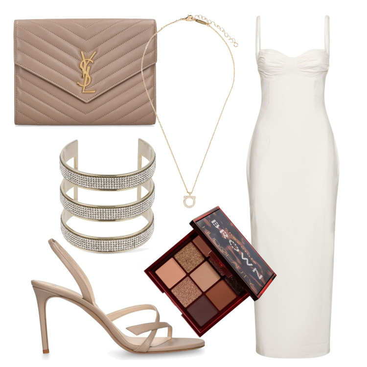 Outfit donna - Glam party. Stile Glamour per Serata fuori. Abbinamento con ombretti, vestiti midi/longuette, pochette, braccialetti, sandali in pelle, collane.