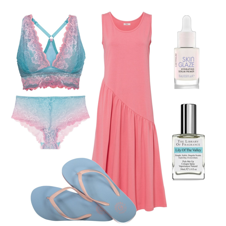 Outfit donna - Home wear estivo. Stile Romantica per Tutti i giorni. Abbinamento con reggiseni, vestiti asimmetrici, culotte, primer, profumi, infradito.