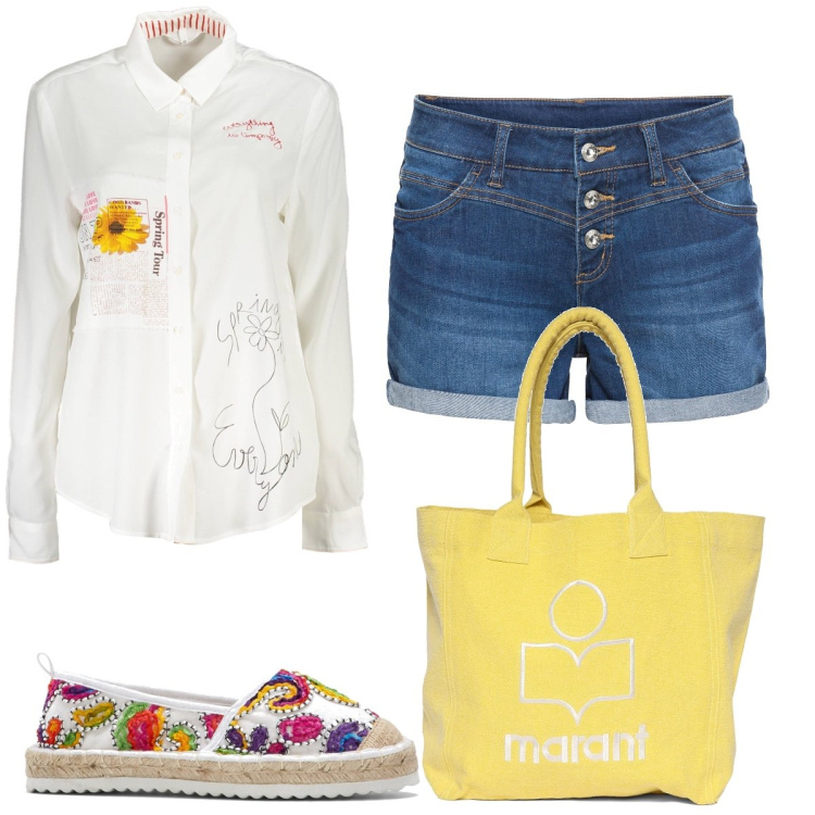 Outfit donna - Total look #1928212. Stile Casual chic per Serata fuori. Abbinamento con espadrillas, shorts, camicie, shopping bag.