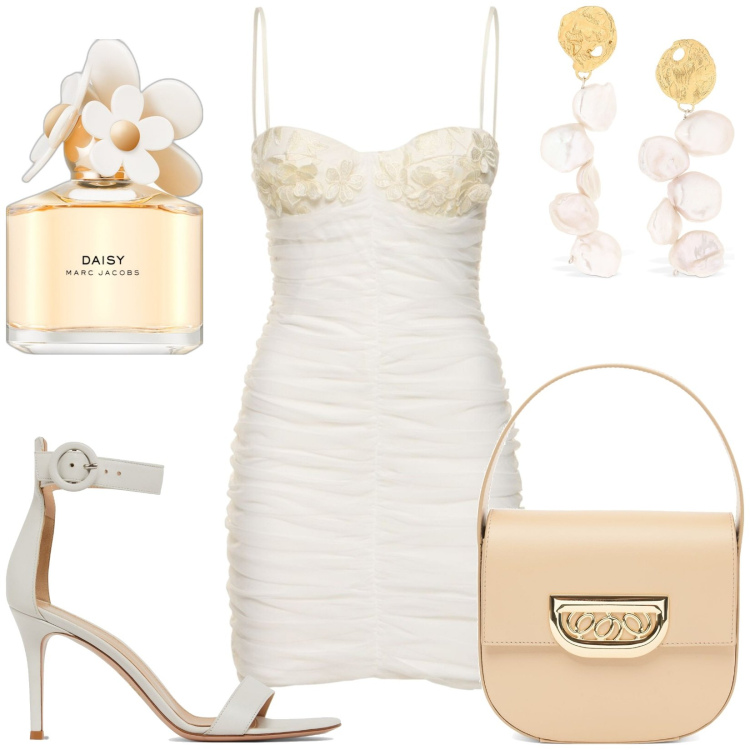 Outfit donna - Total look #1928223. Stile Glamour per Serata fuori. Abbinamento con profumi, orecchini, borse a mano, vestiti, sandali in pelle.