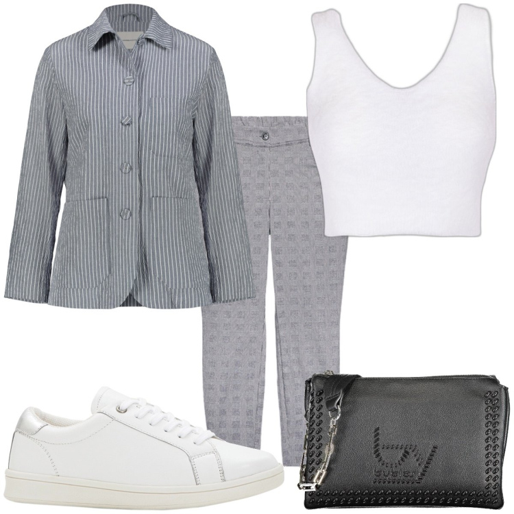 Outfit donna - Total look #1928224. Stile Sporty chic per Ufficio. Abbinamento con sneakers, top, blazer, pantaloni skinny, borse a spalla.