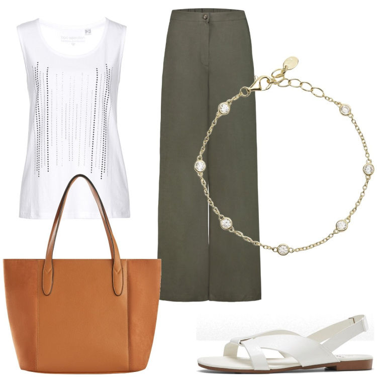 Outfit donna - Total look #1928234. Stile Basic per Ufficio. Abbinamento con sandali, shopping bag, top, braccialetti, pantaloni.