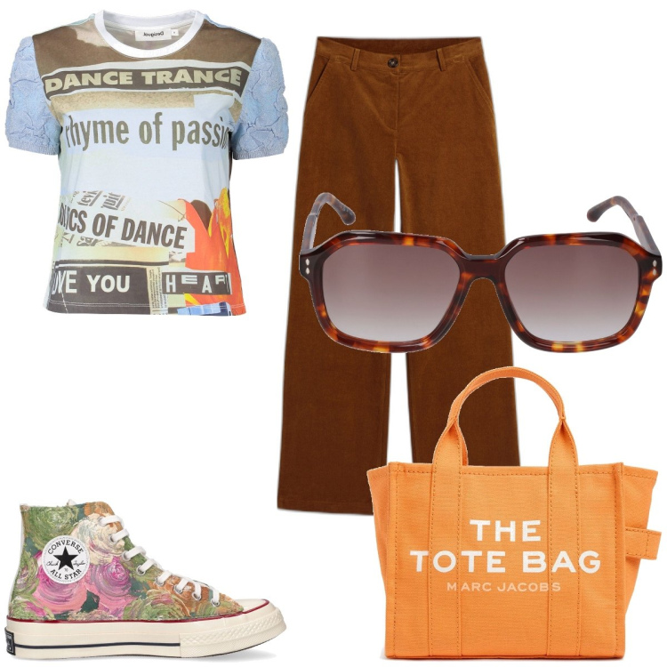 Outfit donna - Total look #1928243. Stile Vintage retrò per Tutti i giorni. Abbinamento con pantaloni, t-shirt, borse tote, sneakers, occhiali da sole.