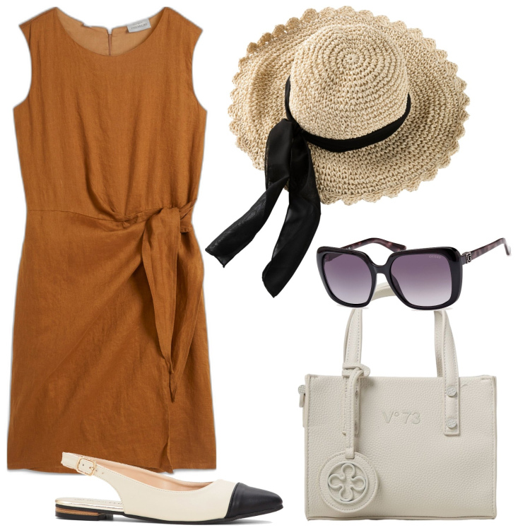 Outfit donna - Abito in lino da giorno. Stile Casual chic per Tutti i giorni. Abbinamento con cappelli, vestiti, ballerine, occhiali da sole, borse tote.