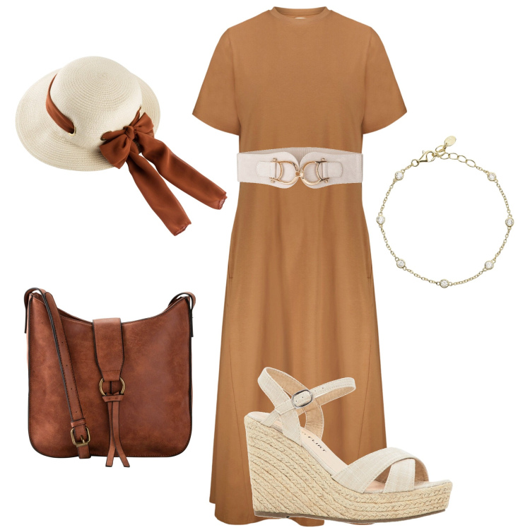 Outfit donna - Vacanze d\'agosto. Stile Casual chic per Tutti i giorni. Abbinamento con borse a tracolla, sandali, cappelli, cinture, braccialetti, vestiti midi/longuette.